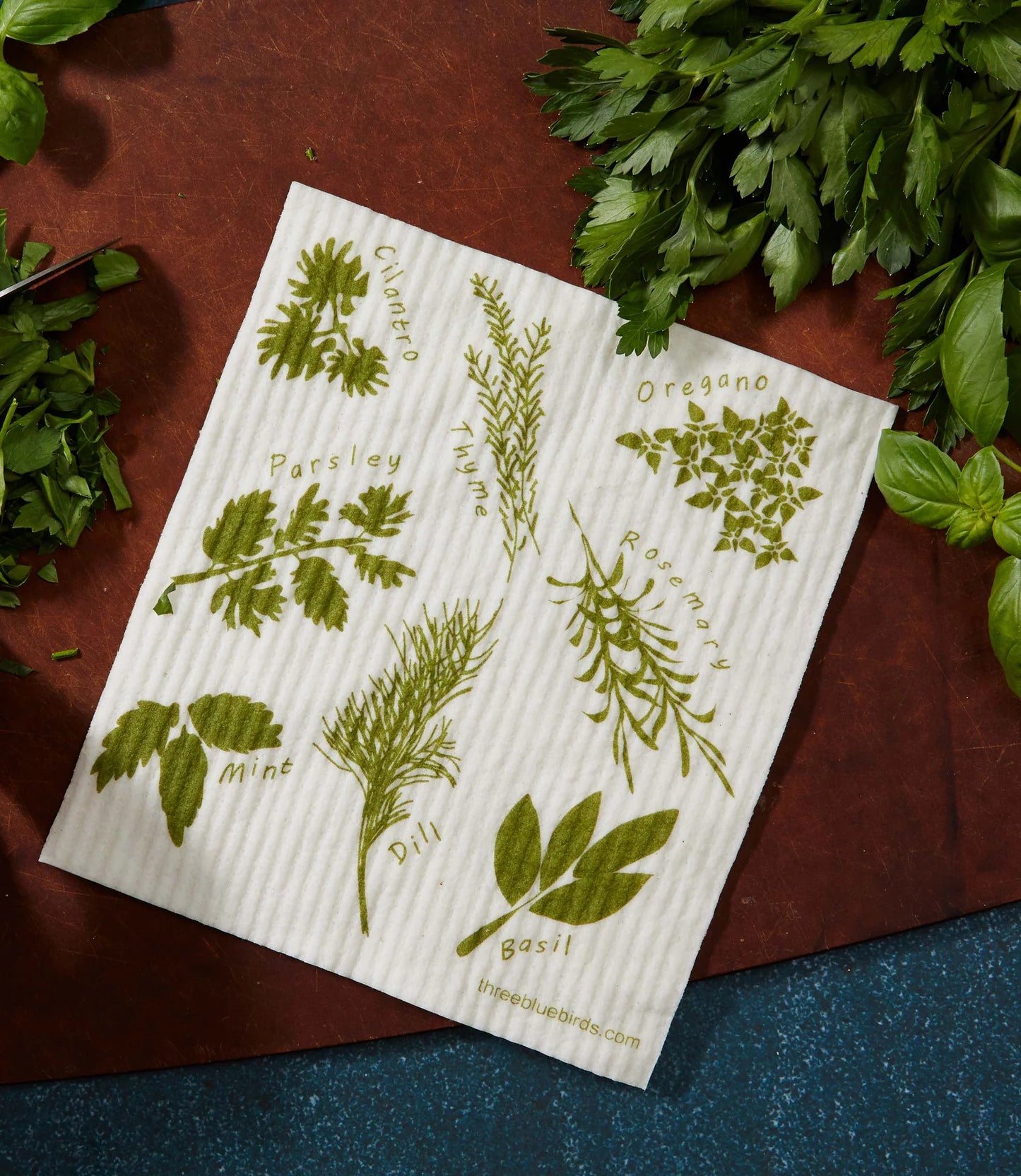 Herbs on White Swedish Dishcloth